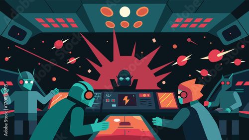 Chaotic spaceship control room with aliens and explosions vector illustration