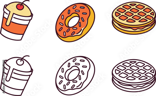Colorful and Outline Icons of Sweet Treats: Donuts, Waffles, and Drinks vector Illustration