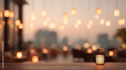 Luxury rooftop champagne lounge blurred glowing lanterns, cinematic warm palette