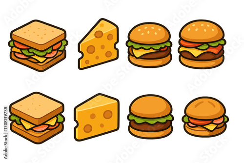 Food icon set vector cartoon illustration. Collection of fast food graphics including club sandwich, cheese wedge, hamburger and cheeseburger. Isolated graphic elements.