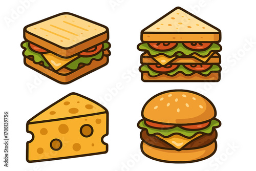 Food icon set with burger, sandwich, and cheese. Vector fast food illustration collection. Cartoon cheeseburger, club sandwich, and swiss cheese for restaurant menu design.