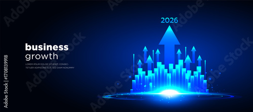 Business growth vector with rising arrows and futuristic blue background technology style. Perfect for finance, economy, success, data analytics, presentation, and digital marketing design.