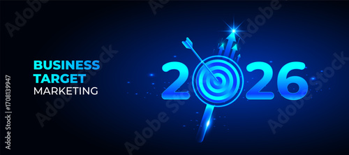 Business target vector with arrow hitting bullseye and futuristic blue 2026 marketing concept. Perfect for success, strategy, goal achievement, advertising, finance, and corporate design.