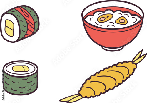 Delicious Japanese Food Icons: Sushi, Soup, and Tempura Shrimp vector Illustration
