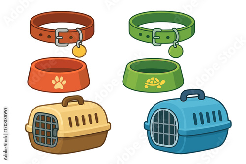 Vector cartoon collection of pet accessories for dogs and turtles. Includes collars with tags, food water bowls, and plastic travel carrier crates. Isolated pet care items.