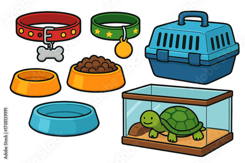 Vector cartoon illustration of pet shop accessories. Collection of items for animal care: dog and cat collars, food bowls, pet carrier crate, and turtle in a terrarium.