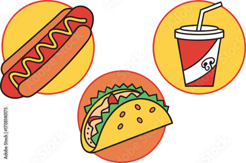 Flat Icons of Hot Dog, Taco, and Soda Cup on Colorful Circles vector Illustration