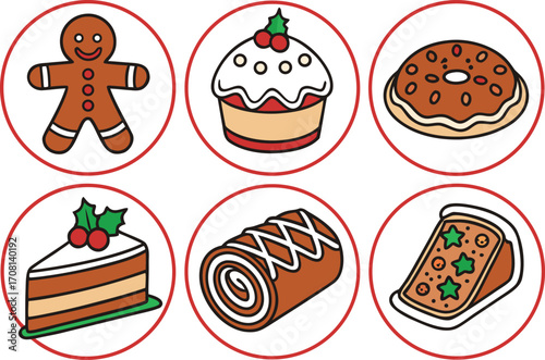 Festive Holiday Treats: Gingerbread Man, Cupcake, Donut, Cake, Swiss Roll, and Pie vector Illustration