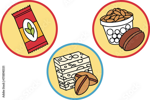 Icons of food items: snack bar, coffee beans, and nougat with coffee beans vector Illustration