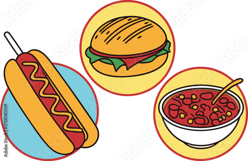 Illustrated icons of a hot dog, hamburger, and bowl of chili on vector Illustration white background
