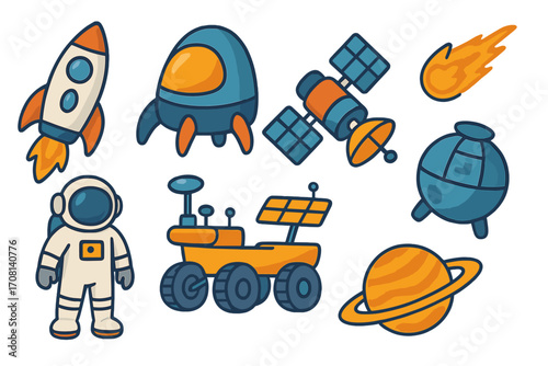 Space exploration icon set with astronaut, rocket, planet, satellite, and rover. Vector cartoon illustration for kids. Cosmos, astronomy and science design elements.