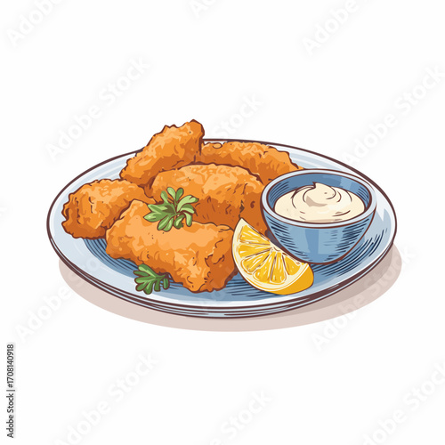 Delicious Dutch kibbeling, crispy fish with dipping garlic sauce and lemon wedge on a plate, ready to eat