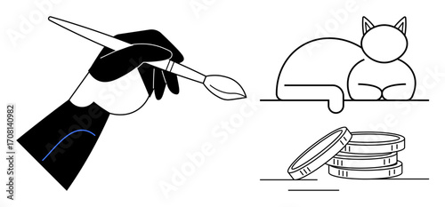 Hand holding brush for art, calm cat resting, coins symbolizing wealth or savings. Ideal for creativity, leisure, finances, minimalism, hobbies, balance or mindfulness themes simple flat metaphor