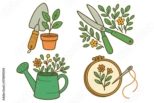 Gardening and embroidery hobby vector icon set. Cartoon collection with garden tools like trowel, potted plant, watering can, and shears, plus a floral needlecraft hoop.