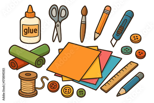 Arts and crafts supplies vector icon set for DIY projects. Creative hobby tools flat lay. School materials with glue, scissors, paper, brush, pencil, ruler, buttons, thread.