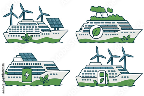 Green cruise ship vector set. Sustainable energy solutions for a clean future. Eco friendly transport with solar panel, wind turbine, and battery power. Cartoon illustration.
