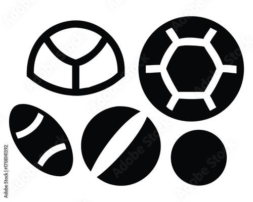 A collection of sports icons including a black and white baseball and a basketball vector illustration