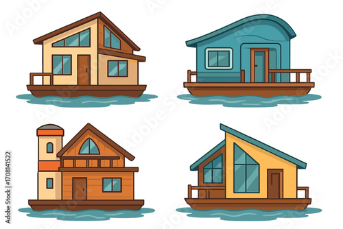 Floating homes vector set. Houseboat cartoon illustration collection. Diverse architectural styles on water. Modern and traditional building designs for real estate concepts.