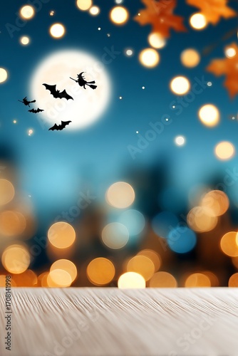Halloween night bokeh lights with witch silhouette flying across full moon, magical festive scene, copy space, vertical