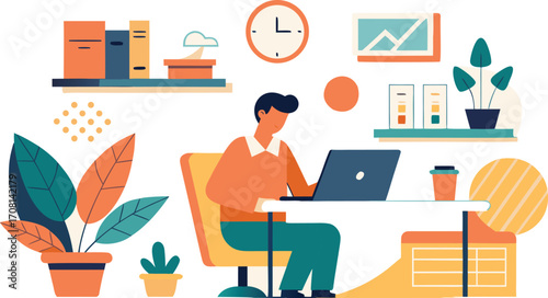  Vector art of man working on laptop in home office with plants, clock, and bookshelf