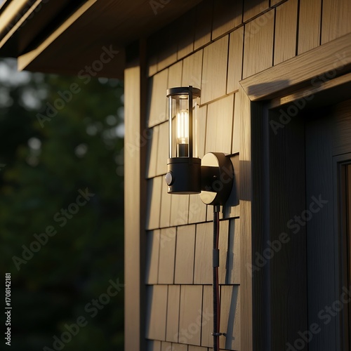 Exterior wall-mounted light fixture illuminates a home's facade in warm, ambient light.