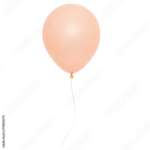 A single, pale peach balloon floats against a white background, its string gently curving downwards.