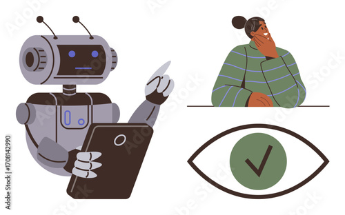 Robot holding tablet pointing at data, puzzled person in green sweater thinking, eye and check mark illustrating decision-making, AI, digital analysis. Ideal for technology, automation, innovation