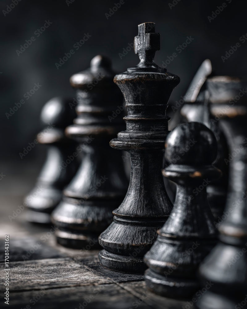 Fototapeta premium Dramatic Close-Up of Black Chess Pieces at Game Start.