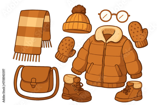 Winter fashion flat lay with cozy clothes and accessories. Vector cartoon illustration set of a puffer jacket, scarf, beanie hat, boots, mittens, glasses and a stylish bag.