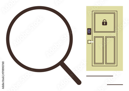 Magnifying glass beside locked door with keyless entry, highlighting inspection, security, privacy, and access control concepts. Ideal for cybersecurity, investigation, research, and simple landing