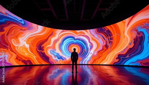 A person standing in front of a large curved screen displaying colorful abstract patterns and designs