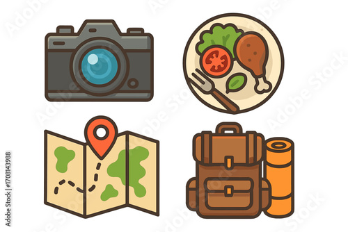 Travel and adventure icon set. Vector cartoon illustration of travel essentials. Photography camera, food plate, exploration map and hiking backpack for adventure gear.