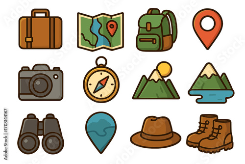 Travel icons set for adventure and tourism. Vector collection with hiking, camping, and exploration symbols. Includes backpack, map, compass, camera, and mountain elements.