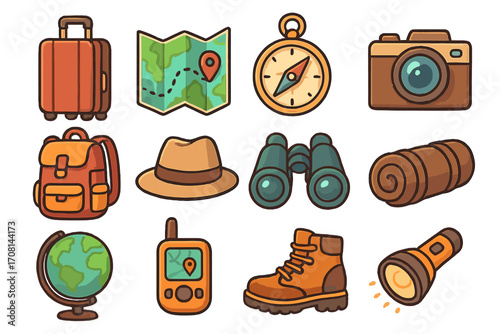 Travel icon set for adventure, exploration. Tourism and hiking essentials collection. Vector cartoon equipment for vacation, camping. Includes map, compass, camera, backpack, globe.