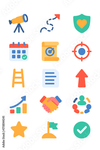 Mission and Purpose icons in modern flat vector style in minimalistic vibrant color design: telescope vision, path arrow, mission scroll, ethical