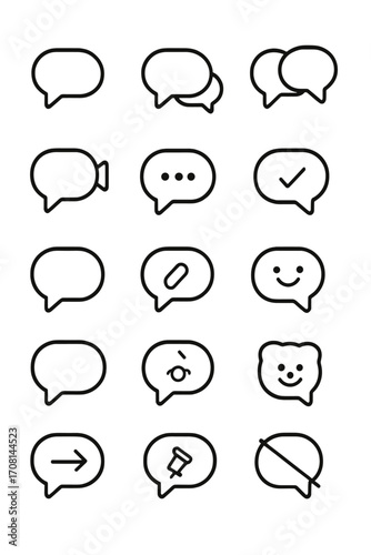 Messaging Features icons in minimalistic line art style: chat bubble, reply bubble, group chat bubble, voice bubble, video bubble, typing dots bubble,