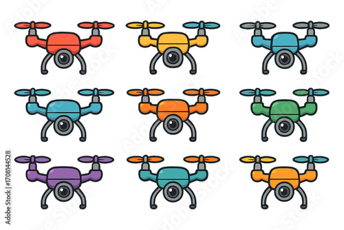 Set of colorful drone icons. Vector cartoon quadcopters with cameras for aerial photography or surveillance. Unmanned aerial vehicle (UAV) collection. Flying robot technology.