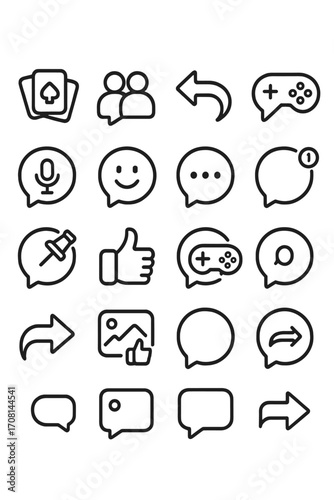 Gaming Messaging icons in minimalistic line art style: lobby bubble, team bubble, reply bubble, strategy bubble, voice bubble, emoji bubble, typing