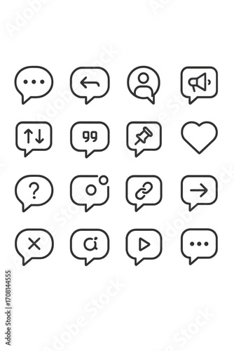 Forum Messaging icons in minimalistic line art style: topic bubble, reply bubble, moderator bubble, announcement bubble, voting bubble, quote bubble,
