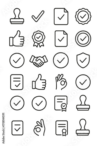 Validation Set icons in minimalistic line art style: approved stamp, check mark, verified document, confirmation badge, thumbs up, certification