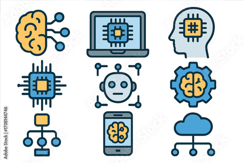 Machine learning and artificial intelligence icon set. Technology concepts like deep learning, neural networks, and big data. Vector icons of brain, robot, chip, and cloud.