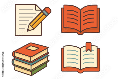 Book icon set for education and literature. Vector illustration of open books, stacked books, writing on paper with a pencil. Concept for learning, knowledge, study, library.