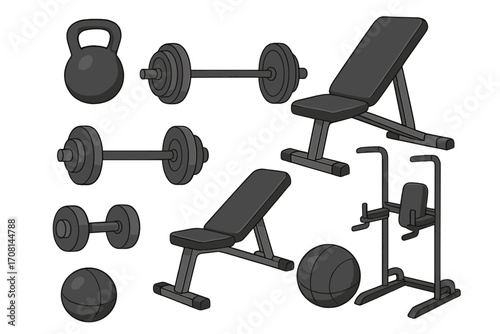 Gym equipment set for strength training. Vector illustration for workout, fitness and bodybuilding. Barbell, dumbbell, kettlebell, bench press and power tower for weightlifting.