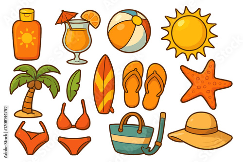 Summer beach vacation icon set. Vector cartoon collection of travel essentials for fun in the sun. Tropical resort elements like palm tree, surfboard, bikini, and cocktail.