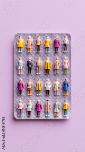 Creative Conceptual Image of Miniature Figurines in Diverse Colors Arranged in a Medication Blister Pack on Pastel Backgroundminiature figures