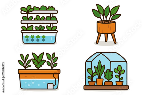 Indoor gardening and urban farming icon set. Vector cartoon illustrations of a hydroponic system, modern planter, self-watering pot, and mini greenhouse for growing plants.