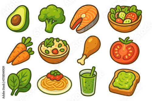 Healthy food icon set. Colorful cartoon vector illustrations of nutritious meals and fresh ingredients. For diet, nutrition, and grocery concepts. Includes avocado, salmon, chicken, salad.