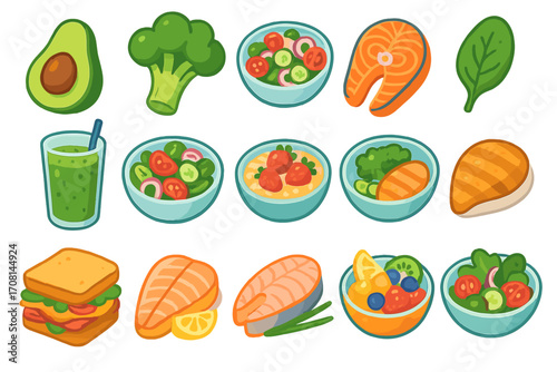 Healthy food icon set. Vector cartoon illustration of fresh ingredients for diet and nutrition. Organic meal prep collection with avocado, salmon, salad, and smoothie.