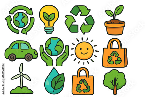 Eco friendly icon set for sustainability and environmental awareness. Green energy, recycling, and conservation symbols. Cartoon vector illustration for ecology concepts.
