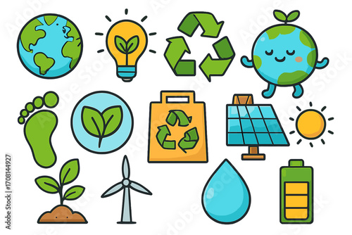 Eco friendly icon set for sustainability and environmental awareness. Green energy, recycling, and planet conservation concept. Vector cartoon illustration collection.